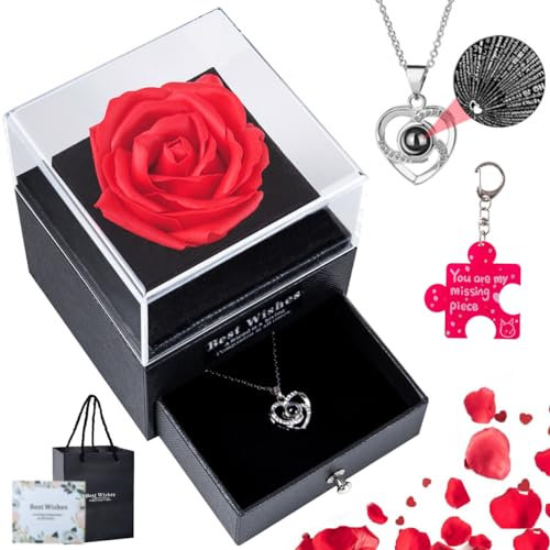 Rosa Eterna, Regalo Mamma, Vera Eterna Regalo Donna, Eterna Stabilizzata, Idea Regalo per Lei con Collana I Love You e Portachiavi Coppie, per San Valentino, Moglie, Mamma, Compleanno