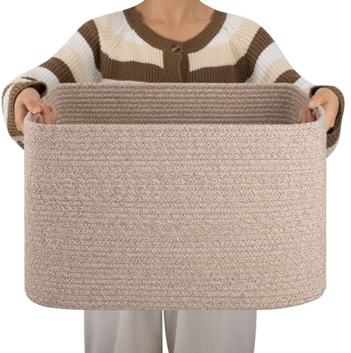 OIAHOMY Baumwollseilkorb, rechteckig, gewebt, für Kinderzimmer, Deckenkorb, Spielzeug-Aufbewahrungskorb mit Griff, Körbe zum Organisieren, 45,7 x 35,6 x 30,5 cm, Braun bunt