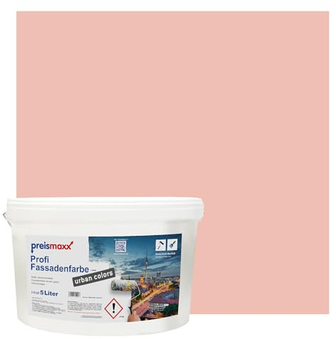 Preismaxx Profi Fassadenfarbe urban colors, bunte Außenfarbe, rosa, pfirsichrosa, pink peach 5L, matte, wasserabweisende Aussen-Dispersion, hohe Wasserdampfdurchlässigkeit