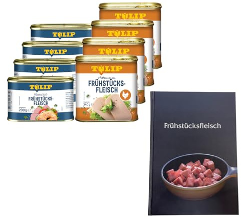 TULIP 4x Schweine-Frühstücksfleisch 200g + 4x Hühnchen-Frühstücksfleisch 340g + Kochbuch | Fleisch in der Dose + Gebundenes Kochbuch mit 57 Rezepten | 87% Schweinefleisch und 80% Hähnchen