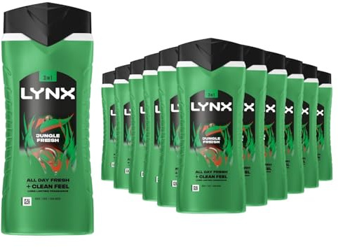 Lynx 3-in-1 Shower Gel Jungle Fresh 12 Hours of Long Lasting Refreshing Fragrance Body Wash with Plant-Based Moisturisers for Men for Naturally Soft Skin, 500ml Pack of 12