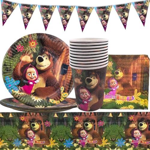 Cumpleaños ma-sha y el oso decoracion, 42 Piezas ma-sha y el oso cumpleaños, Vajilla de fiesta Accesorio de Decoración de Fiesta de Cumpleaños, Party Vajilla Para Fiesta de Cumpleaños