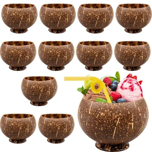 12 Pieces Coconut Cups for Dessert, 13.5 Oz/400ml Hawaiian Theme Coconut Shell Shape Dessert Cups, Reusable Ice Cream Parfait Appetizer Cups Serving Bowls for Luau Party Tiki Party Kitchen Decoration