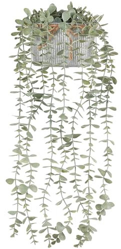 Mkono Fake Hanging Plants in Farmhouse Galvanized Pots Rustic Faux Potted Eucalyptus Greenery Indoor Artificial Plants for Book Shelf Mantel Living Room Bathroom Bedroom Home Office Decor