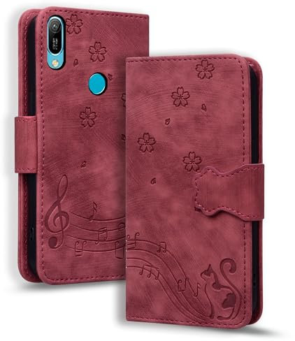 TEDTIKJT Cover per Huawei Y6 (2019) Custodia Premium Pelle PU libro Cover Huawei Y6 Portafoglio Custodia con Card Slot Supporto Funzione Gatto Musicale Sakura Cover per Huawei Y6,Rosso