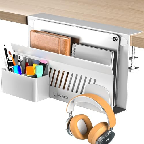 Litwaro Desk Side Storage Organizer, Under Desk Laptop Holder Clamp on Shelf, No Drill Mount With Magnetic Pen Holder, Hanging Organizer Fits Flat Edge 0.4 to 2.1 (White)