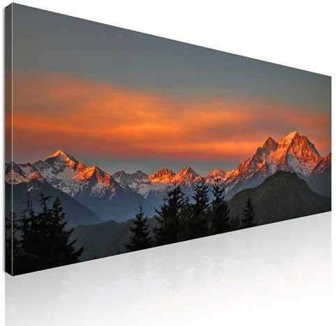 Quadro montagna al tramonto, pineta, quadro moderno soggiorno xxl, montagne, Tramonto infuocato sulle cime delle montagne innevate mow8-80x30 cm