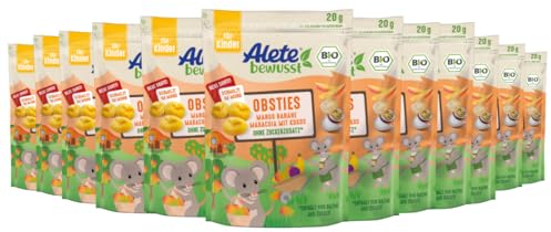 Alete bewusst Obsties Mango Banane Maracuja mit Kokos, ab 3 Jahren, gefriergetrocknete Bio-Fruchtchips, Früchte-Snack für Kinder, verzehrfertig im verschließbaren Beutel, 12 x 20 g