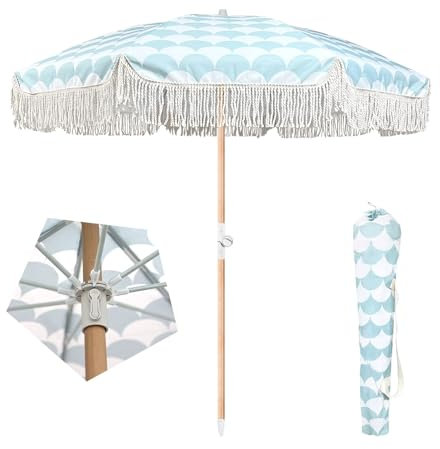 Grand Parasol De Plage 2m，parasol Droit Inclinable UV50+，parasol De Jardin Exterieur Étanche，parasol À Frange Plage，Parasol Rond Pour Jardin Terrasse Patio Piscine Plage Balcon ﻿