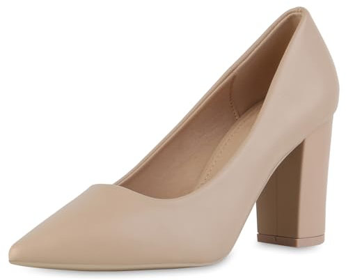 VAN HILL Damen Spitze Pumps Blockabsatz Basic Klassisch Schuhe 216232 Beige 40