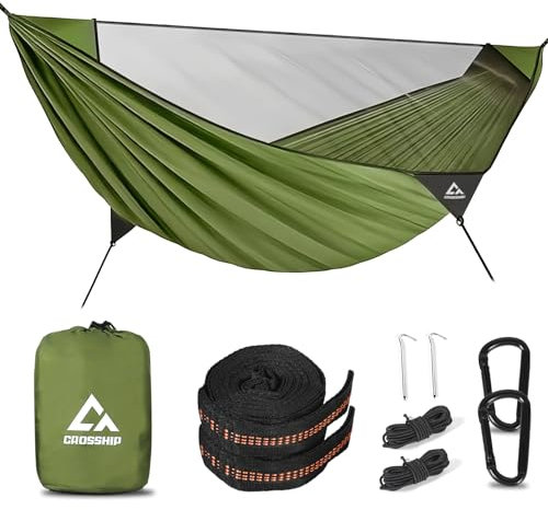 Hamaca de camping con mosquitera, hamaca portátil de nailon de paracaídas con correas de árbol, cuerda de campamento y estaca, para senderismo, mochileros, viajes, patio, playa, soporta hasta 500