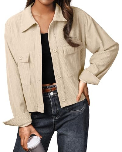 IWOLLENCE Cordjacke Damen Hemdjacke Cordhemd Kurzjacke Langarm Revers Button-Down Shacket Mantel (Aprikose, S)