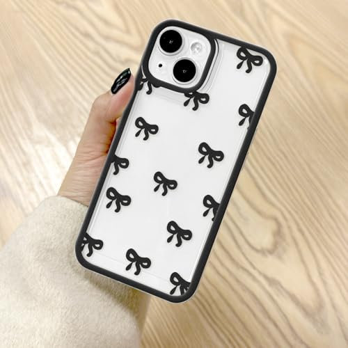 EYZUTAK Case for iPhone 13, Clear Cute Ribbon Bowknot Pattern Aesthetic Transparent Phone Case Raised Camera Protection Stylish Slim Soft Durable TPU Protective Cover for Women Girls - Black