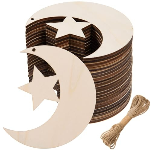 AWIZOM 48 Stück Holz-Mond-Stern-Ausschnitte, unlackierte Holz-Mond-Stern-Form, Ornamente mit 10 m Schnur für Bastelarbeiten, Hochzeit, Geburtstag, Babyparty, Hängedekoration, 10 cm