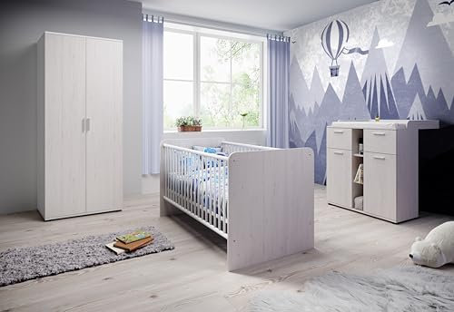 M Möbel-Direkt Deutschlands schnelle Möbel Babyzimmer Bobi 5 teilig - Kinderzimmer Komplett Set in Anderson Pine mit Drehtürenschrank, Babybett 70x140 cm höhenverstellbar, Umbauseiten, Wickelkommode