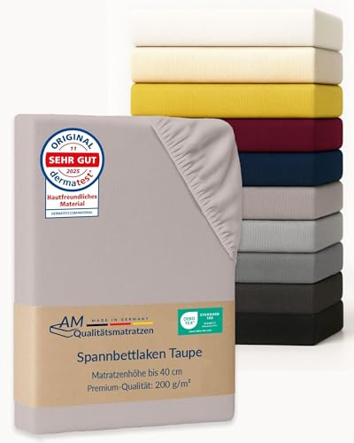 AM Qualitätsmatratzen Premium Spannbettlaken 140x220cm Boxspringbett (200gsm) in Taupe - Made in Germany - Oeko TEX zertifiziertes Spannbettlaken 200x220 Wasserbett - 40cm Steghöhe