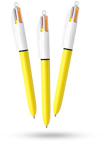 BIC 4-Farben-Sun-Stift, 3 Stück, einziehbar, gelbe Sonnenfarbe, Schaftdesign, mehrfarbiger Stift mit vier sortierten lebendigen Tinten, mehrfarbige Stifte, alles in einem, für Schule, Büro und