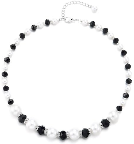 COOLSTEELANDBEYOND Schwarz und Weiß Perlen Perle Choker Halskette Kristall Wulst, Statement Halskette, Partei Abendkleid Hochzeit Bankette