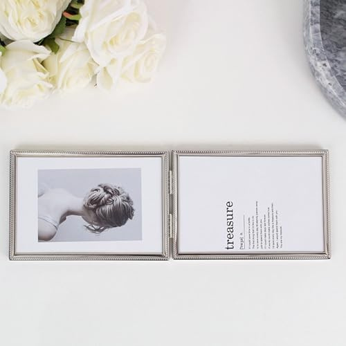 KnSam Bilderrahmen 13x18cm Fotogröße, Fotorahmen Silber 2 Öffnung Falten Metall Horizontal Rechteck Portraitrahmen Tischplatte Geschenk für Hochzeit Jahrestag Freunde