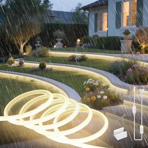 SUCIKORIO Neon LED Streifen 5m, Silikon Wasserdicht Feuerfest IP65 Runde COB Led Strip Naturweiss 4000K 10mm Leds Lichterkette Außen 230V Flexibler Lichtband Aussenbereich mit Netzteil für Haus, Küche