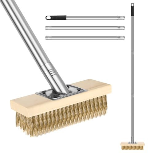 110CM Stainless Steel Wire Broom with Long Handle, Stiff Metal Bristle Broom Heavy Duty Deck Scrub Brush for Cleaning Moss Tough Stains on Roof Patio Floor Garden Garage Concrete, 20CM