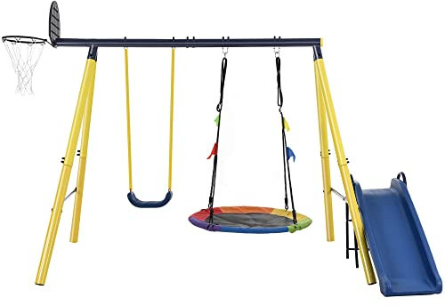 4 in 1 Kids Swing Set with Metal Frame, Nest Tree and Plastic Single Swing, Basketball Hoop and Slide, Outdoor Children Backyard Playground Playset for Garden, Over 3 Years Old, Blue Yellow