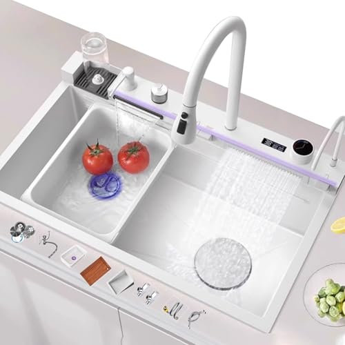 SZKTHD Lavello da Cucina in Acciaio Inossidabile 304 con Una Grande Vasca E Rubinetto Multifunzione A Cascata E Set Completo di Accessori(Bianca,90x50x22cm)