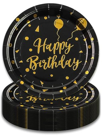 HFBOBP Lot de 50 Vaisselle Jetable Anniversaire,Noir Or Assiettes en Carton pour Barbecue Anniversaire Enfants Fête Décorations