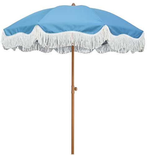 AYKNINGD Sonnenschirm, Sonnenschirm Klein Boho-Fransenschirm for die Terrasse, 2,08 m, LSF 50+, Picknickschirm mit Quasten, mit Stahlstange und Neigung per Knopfdruck(Blue)