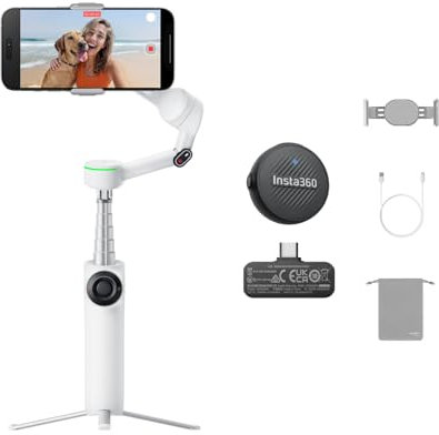 Insta360 Flow 2 Pro Mic-Bundle Weiß – Faltbarer KI-Gimbal mit 3-Achsen-Stabilisierung, Tracking in 200+ Apps via Apple DockKit, Mic Air, Multi- & 360°-Tracking, Stativ & Selfie-Stick integriert