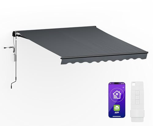 Blumfeldt CloudShade Markise – Elektrische Gelenkarmmarkise mit App & Fernbedienung, UV 30+ & Regenschutz, Einstellbarer Neigungswinkel, Aluminiumrahmen, Einfache Wandmontage, 250 cm Breit, Dunkelgrau