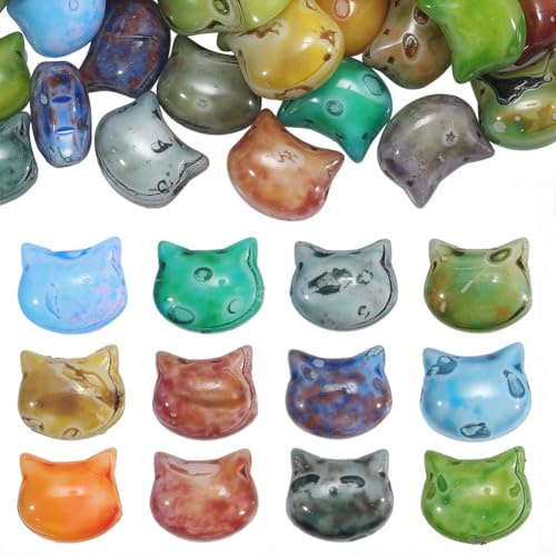 PONABEADIY 1 Box 50 Stück Katzen Glasperlen Mit Löchern Picasso Backen Bunt Tier Katzenkopf Undurchsichtig Vintage Lose Abstandshalter Rocailles Perlen Für Die Schmuckherstellung Halsketten Ohrringe A