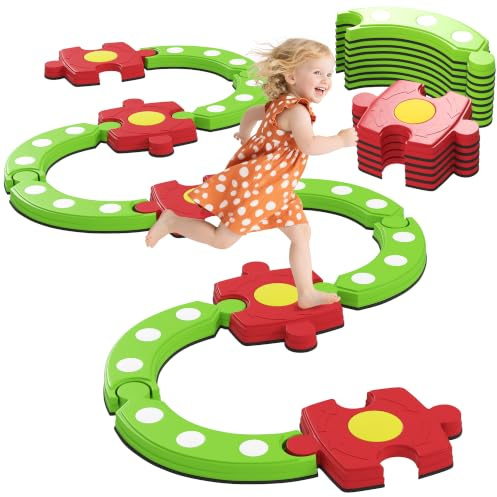 AIYAPLAY 13 PCS Kids Balance Beam, Stepping Stones Set for Ages 3-8 Green | Non-slip Textured Surface & Bottom, Outdoor Indoor Sensory Toys, Obstacle Course for Toddlers