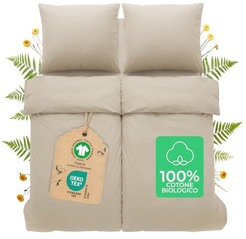Dreamzie Bettwäsche 135x200 100% Baumwolle 4teilig mit 2 Kissenbezüge 80x80 cm - Bio-Baumwolle Percale 180 TC - Atmungsaktiv & Weich, Oeko-Tex & GOTS Zertifiziert, Beige