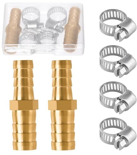 LEONTOOL 2 Pack Hose Barb Fittings Reducer, 3/8 to 1/2 Brass Hose Barb Reducer with 4 Hoses Clamps, Reducing Barb Brabed Fitting Splicer Mender Union, Brass Hoses Barb Adapter for Fuel Water Air