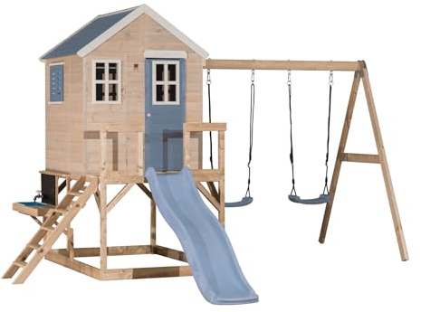 Wendi Toys M28-K Stelzenhaus mit Rutsche, Doppelschaukel, Spielküche aus FSC-Holz, Spielhaus Kinder Outdoor Garten mit Plattform 90 cm, Wasserhahn, Sandkasten, Zubehör, 330×405×242 cm
