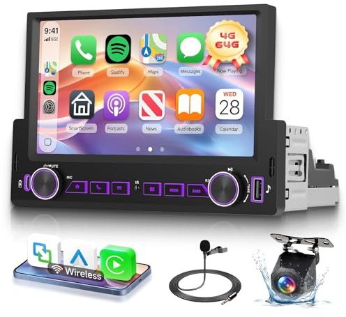Hodozzy 4G 64G 1 Din Android Autoradio con Wireless Carplay Android Auto, 7 Pollici Touch Screen Stereo 1 Din con GPS WIFI Bluetooth Mirror Link DSP Radio FM/RDS Schermo Diviso USB Tipo C+ Telecamera
