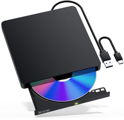 CALOETHNEY External Blu-ray Drive, USB 3.0 & Type-C BD/DVD/CD Burner – Portable Blu-ray Player with 3D Playback, Compatible with Windows, Linux, Mac OS (2 IN1)