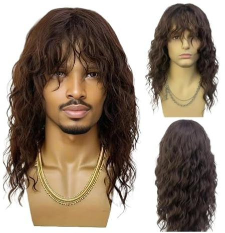 Perücke Männer 18 Zoll lange, lockige, gewellte Perücke for Herren, synthetische Cosplay-Perücke mit Pony(BROWN)