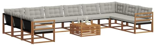 vidaXL Outdoor-Sofagarnitur mit Kissen 11 pcs Natürlich und Hellgrau, Garten, modernes Sofa-Set für draußen, langlebige Loungemöbel, wetterfest, tolle Terrasse-Couch