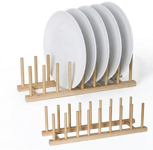 Fooduck Bamboo Dish Rack 2 Pack, Wooden Plate Rack with 8 Slots, Dish Holder Organizer for Plates, Lids, Bowls, Cups and Cutting Boards, Kitchen Cabinet Storage