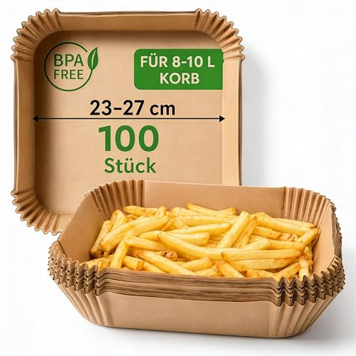 LEHMANN 100 pezzi di carta da forno per friggitrice ad aria calda 8 cesti L-10 l, quadrato 23-27 cm, antiaderente e resistente all'olio Airfryer carta da forno, carta pergamena, accessorio per