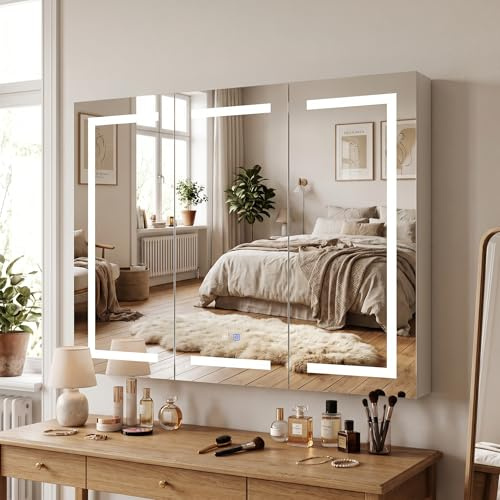 Caldion Badezimmerschrank mit LED und 3 Türen 120x13x90cm | Spiegelschrank 120cm Bad mit 3 LED-Beleuchtung Entfogging-Funktion 3 Spiegel Badschrank mit Glastüren 120x13x90cm Weiß