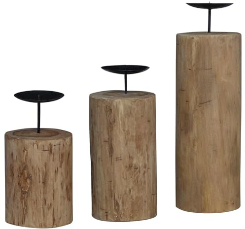 Kerzenhalter 3er Set aus Natur Massivholz Teak mit gestuftem Design, dekorativer Kerzenständer für Esszimmer Wohnzimmer Schlafzimmer, stilvolle Tischdeko und gemütliche Atmosphäre