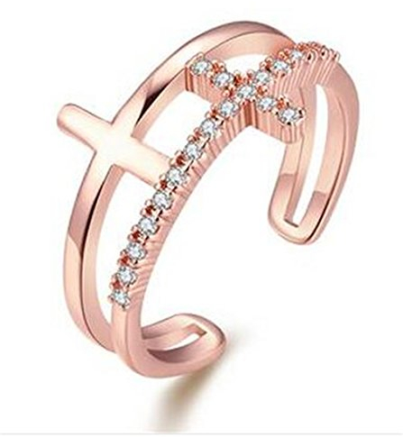 Boowhol Women's Adjustable Size Ring Rose Gold Plated Double Crucifix Zircon Open Ring-Valentine's Day/Ladies/Women
