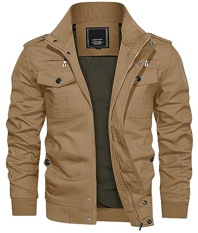 KEFITEVD Chaqueta Bomber Hombres Invierno Ejército Clásico Casual Chaqueta Chaqueta de Trabajo Práctico Múltiples Bolsillos Cálido Caqui S