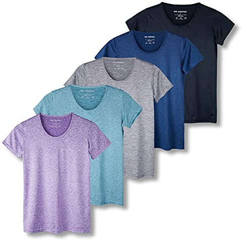 5 Pack: Womens Quick Dry Fit Dri Fit Active Wear Yoga Workout Athletic Tops Essentials Clothes Running Gym Zumba Exercise Ladies Short Sleeve Crew Scoop Neck Moisture Wicking Tees T-Shirt - Set 4,L