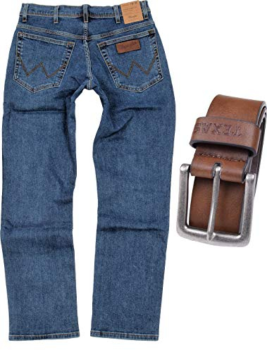Wrangler Texas Stretch Herren Jeans Regular Fit inkl. Gürtel (W36/L34, Stonewash + brauner Gürtel)