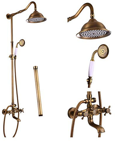 Antique Brass Shower System Complate Set Shower Faucet Fixture 8 Rain Shower 2 Double Knobs Handle Triple Function Tub Spout Combo Unit Set