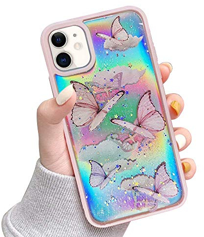 LCHULLE Kompatibel mit iPhone 11 Handyhülle Schmetterling Glänzend Schutzhülle Mädchen Silikon Case Girls Glitzer Hülle für iPhone 11 Rosa